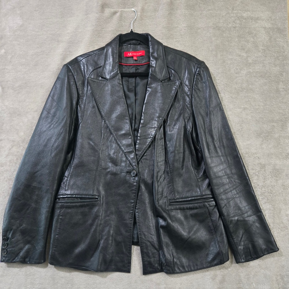 Anne Klein Leather Blazer Jacket Women XL Black Lambskin Moto 90s Classic Office